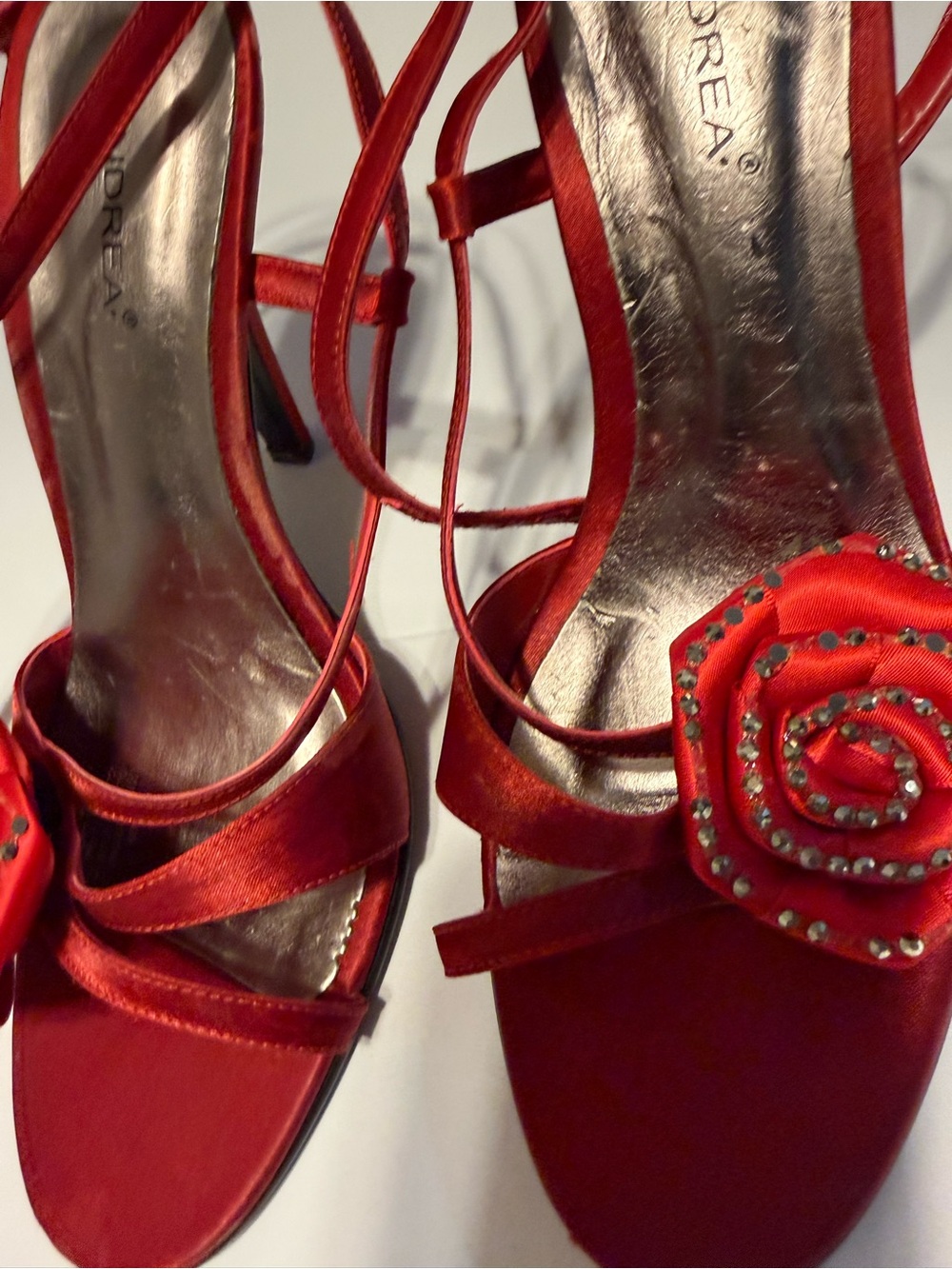 Elegant Party Shoes Red Satin Strappy Heels with Floral Embellishment
